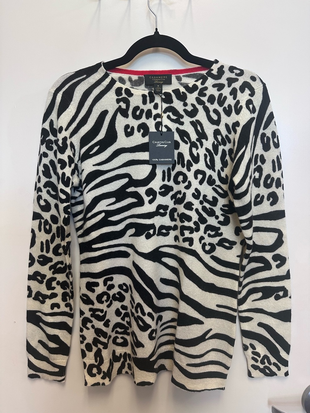 Charter Club Black and Cream Animal-Print cashmere Crewneck Sweater